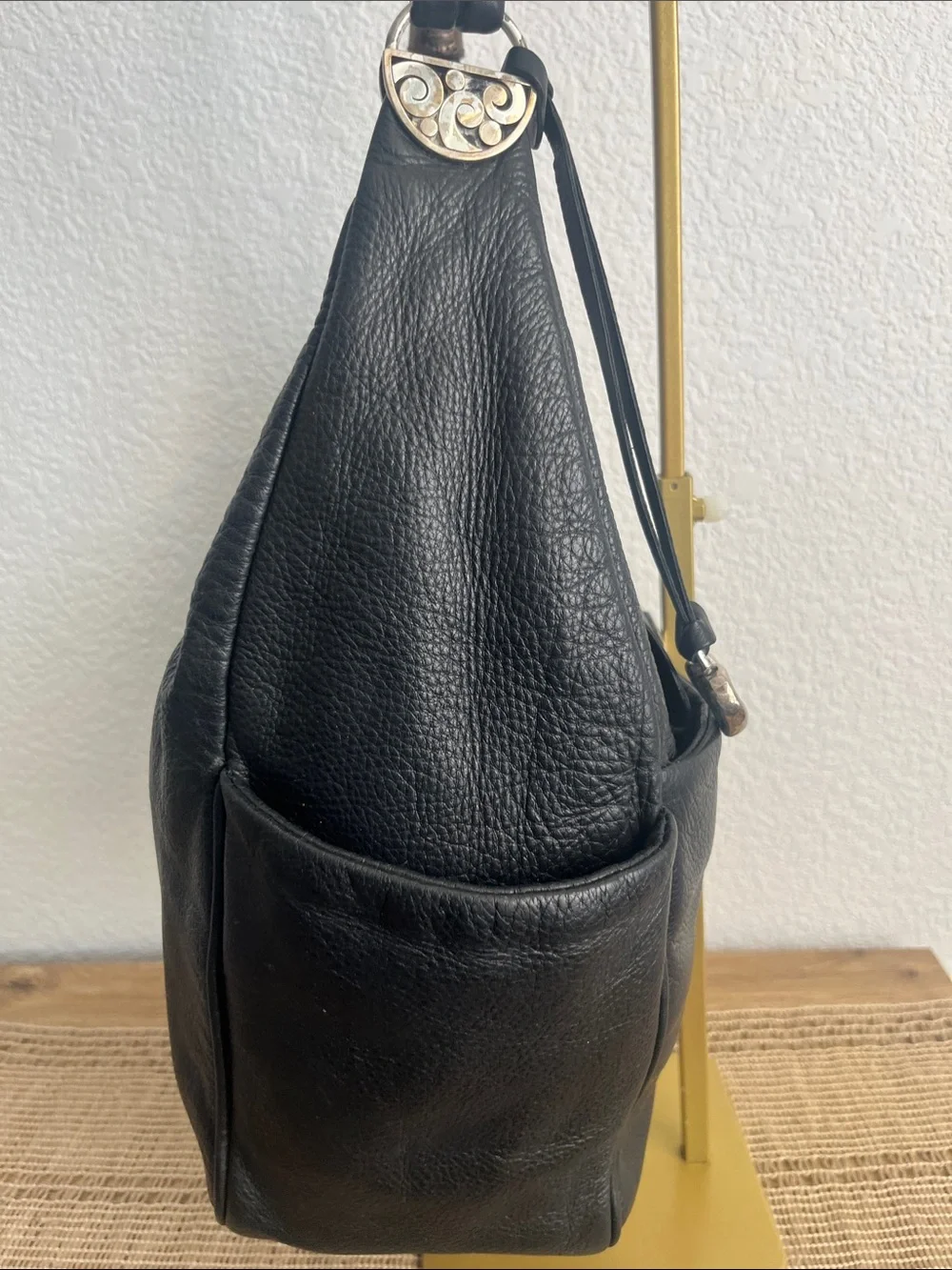 Brighton Caitlyn Black Pebbled Leather Hobo Shoulder Bag Tooled Silver